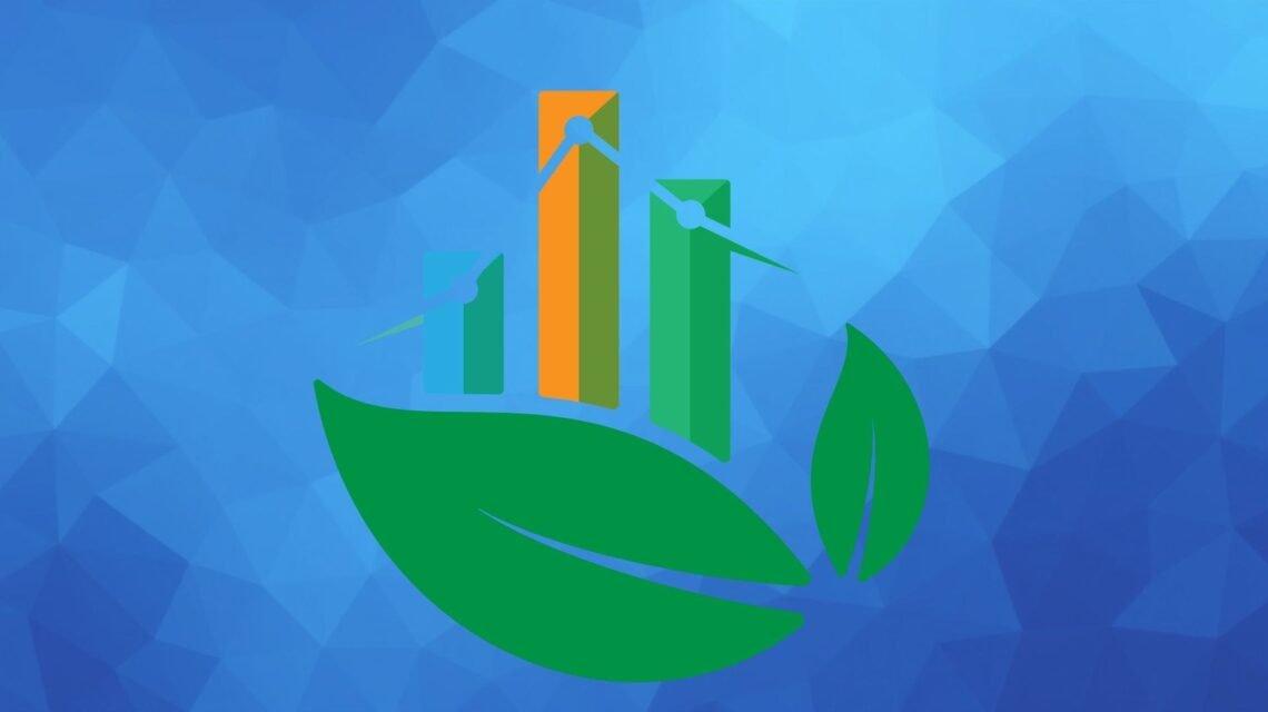 Abstract blue background with a leave and chart icons, representing esg in igaming