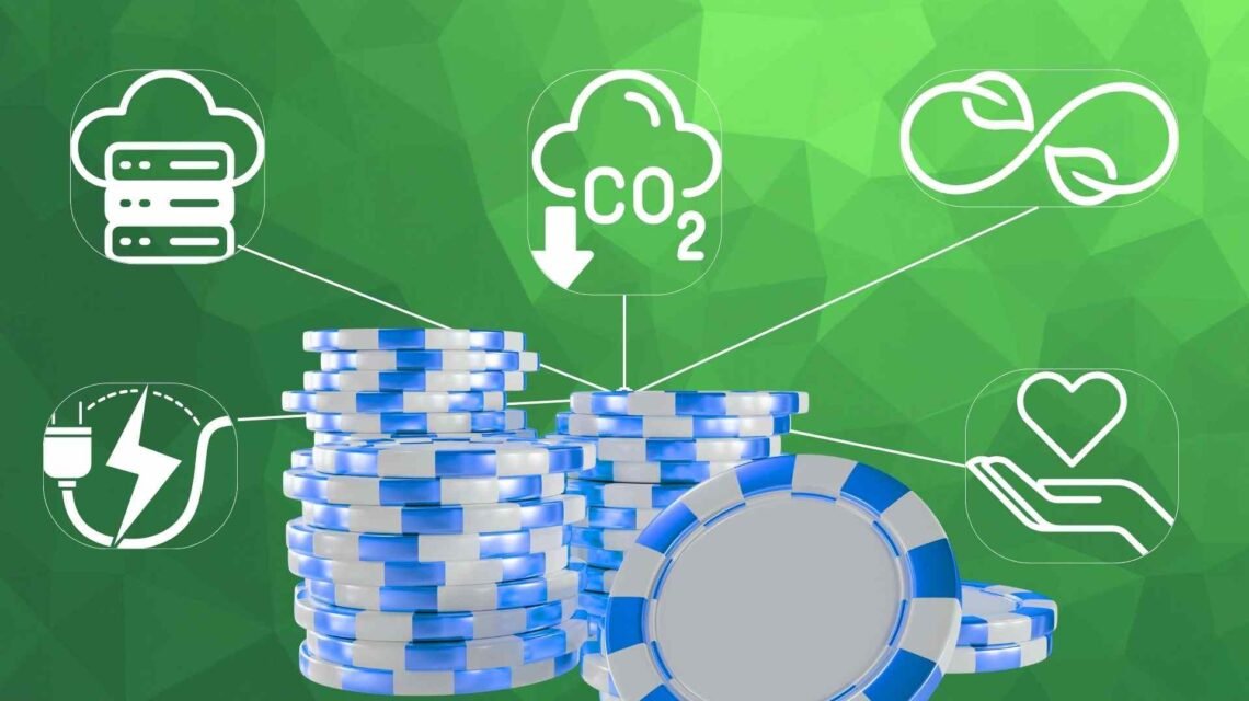 casino chips with an abstract background and eco-sustainable icons, representing: sustainability for casinos