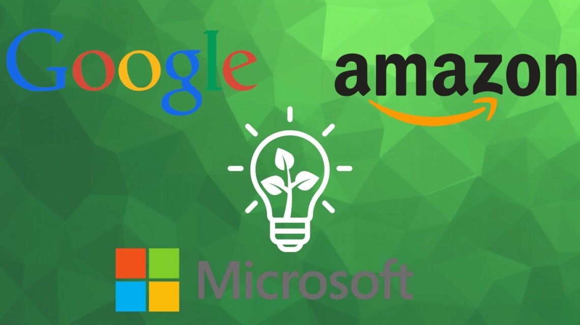 A bulp icon with a plant in it with google, amazon and microsoft logo, representing sustainability practices in gambling
