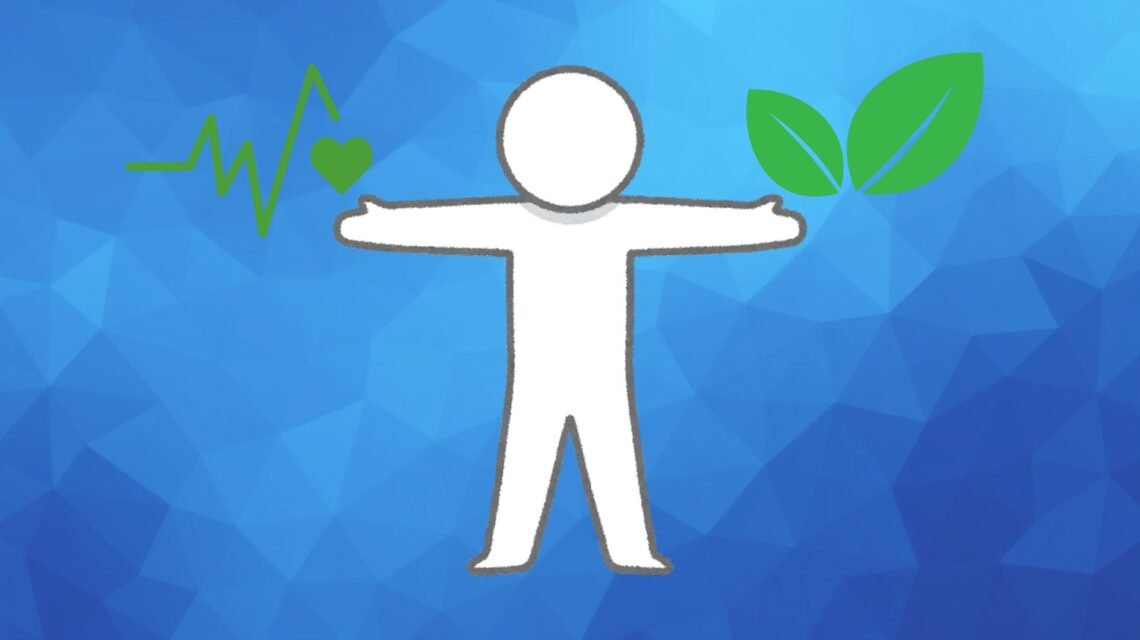 Stick figure with blue abstract background, holding eco-sustainable icons, representing: eco-conscious players