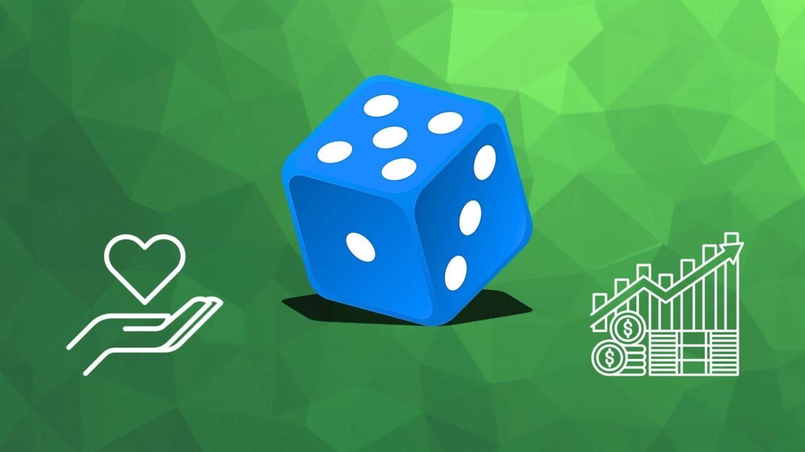 Abstract green background with a central dice and icons, representing sustainable gambling